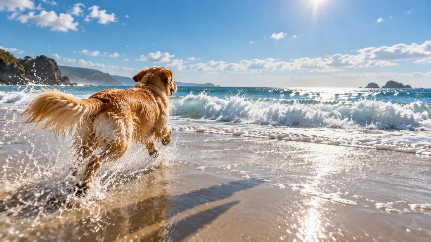 A golden retriever running through shallow surf toward breaking waves on a sunlit beach