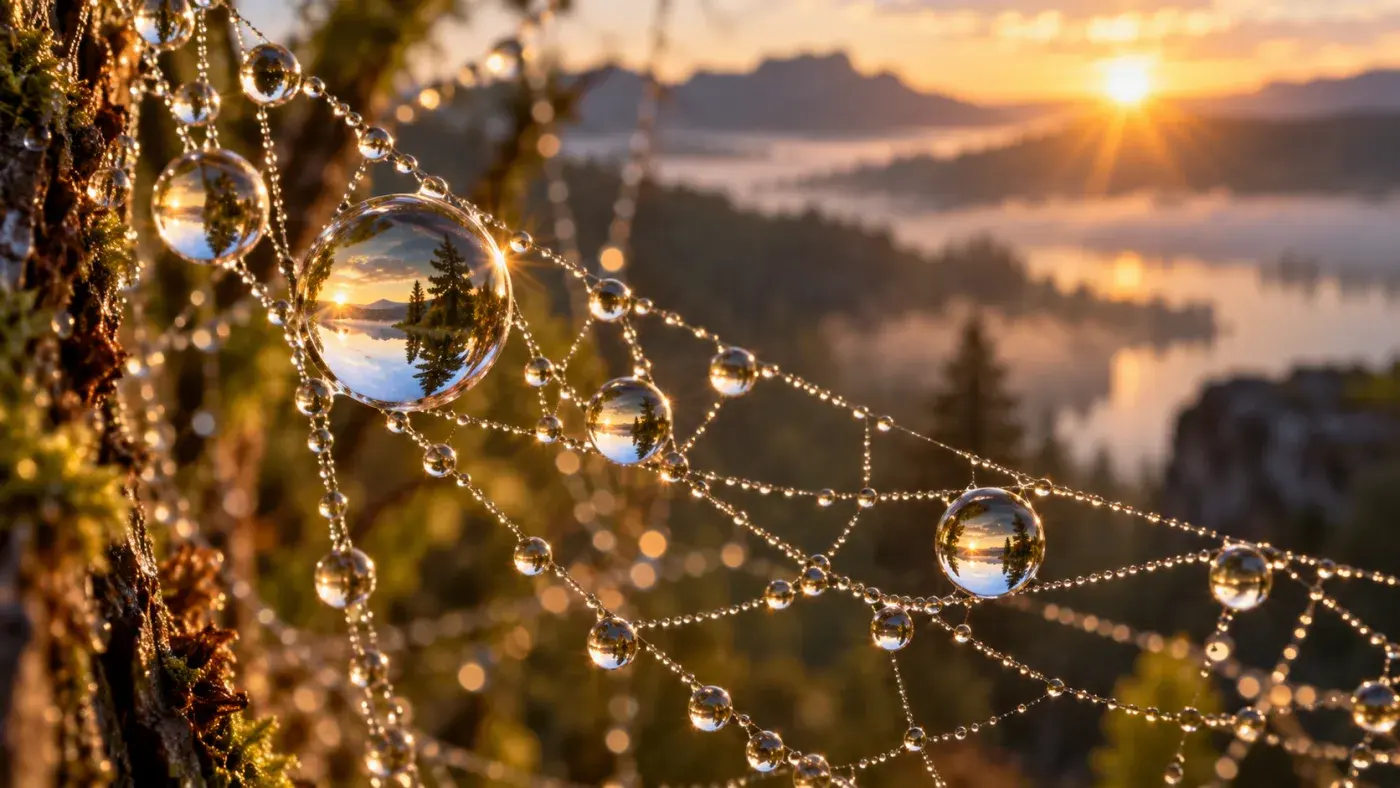 Macro view of dew drops strung along a spider web at sunrise, each drop refracting the lake and hills behind it