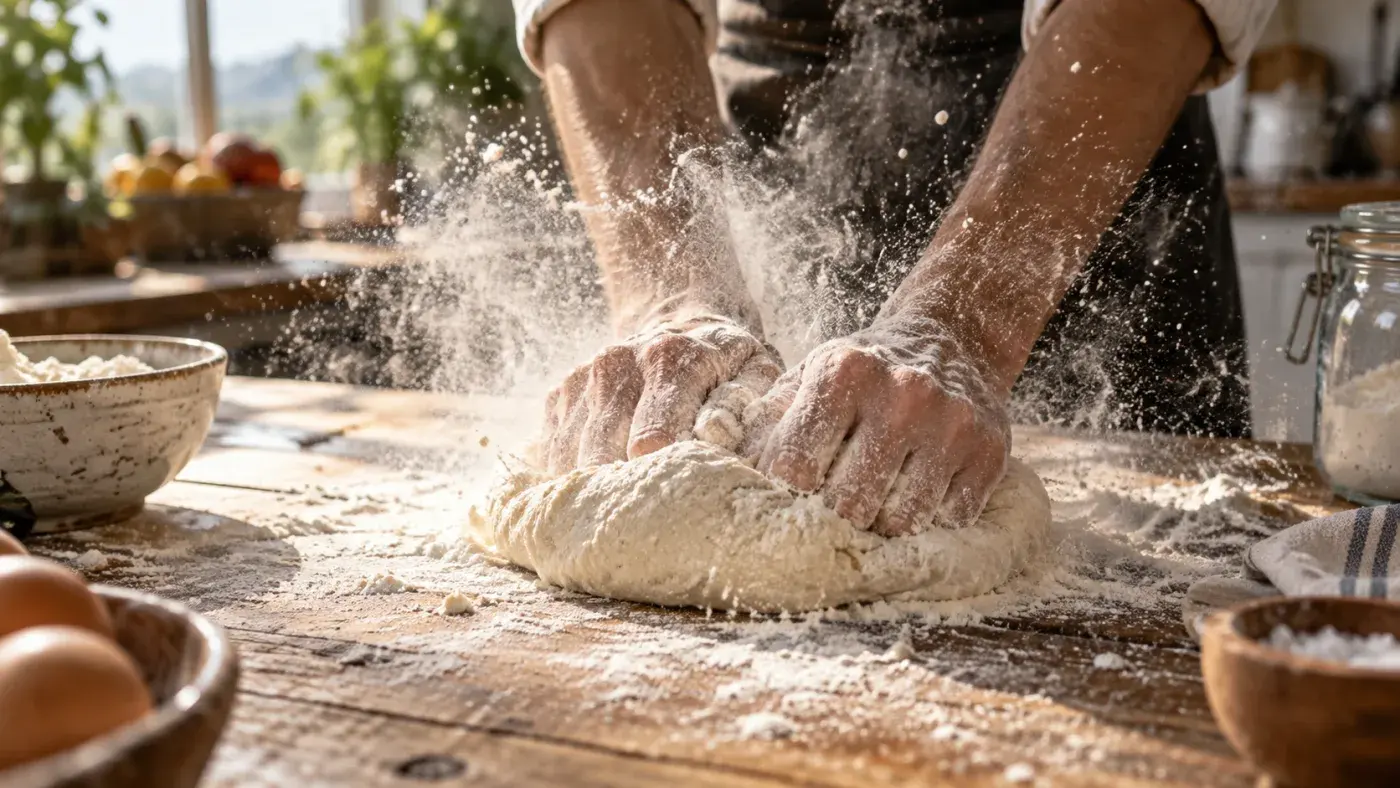 Flour bursting into the air as two hands knead bread dough on a wooden kitchen table
