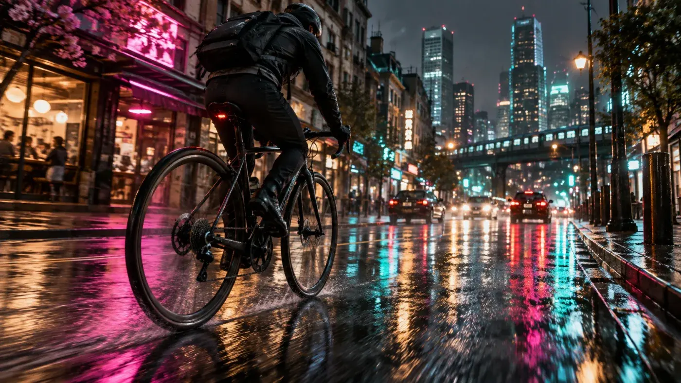 A cyclist riding away down a rain-slicked city street at night, pink and teal neon reflected in the wet asphalt